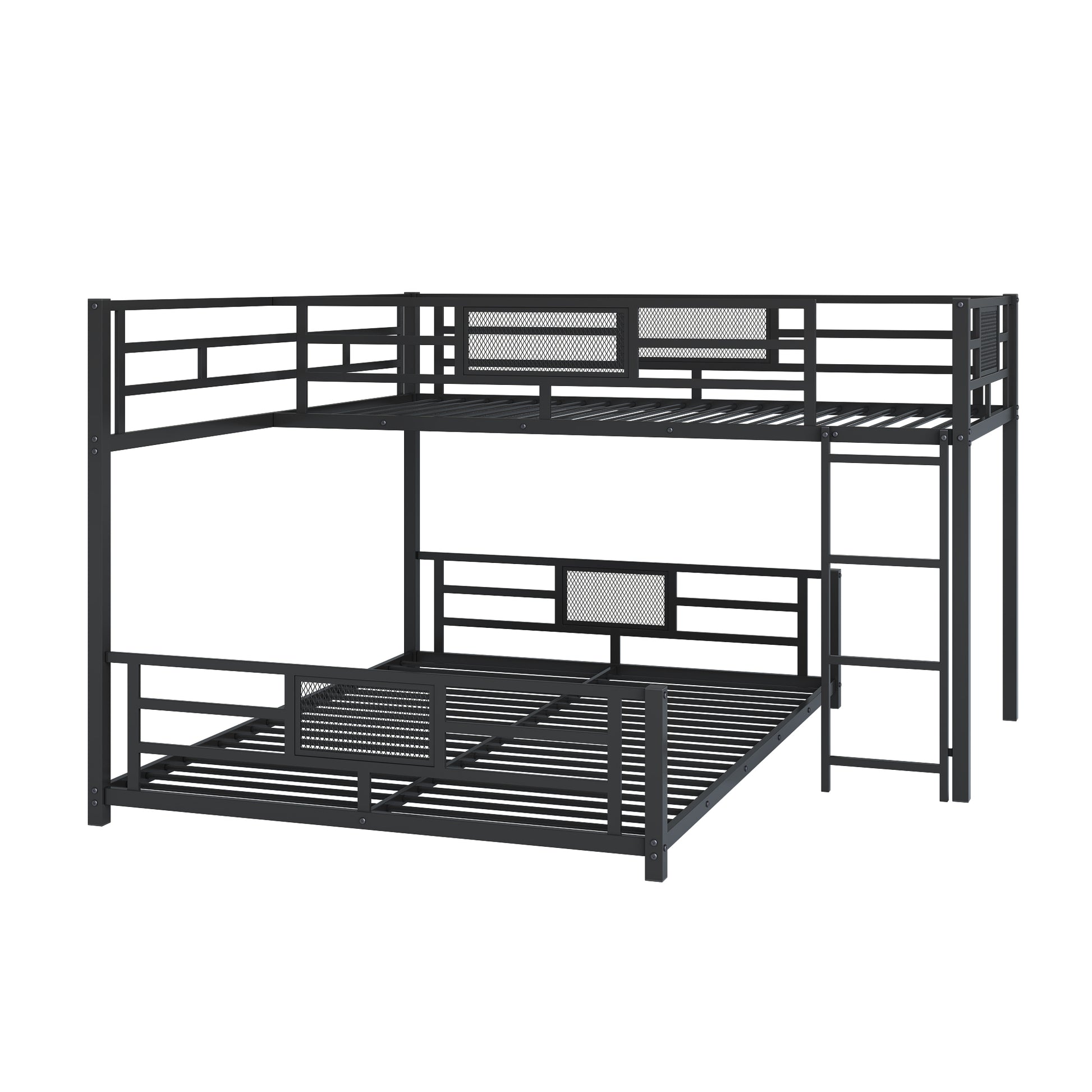 Modern black metal bunk bed frame with ladder and guardrails