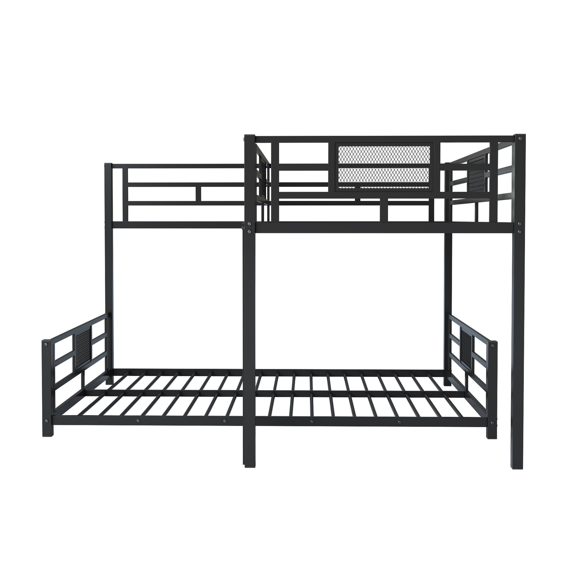 Black metal twin over twin bunk bed with slatted base