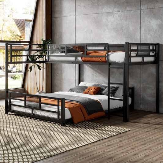 Black metal bunk bed with industrial mesh accents queen over queen size