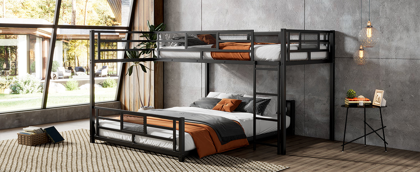 Black metal bunk bed with fullsize bottom and twinsize top featuring orange and grey bedding