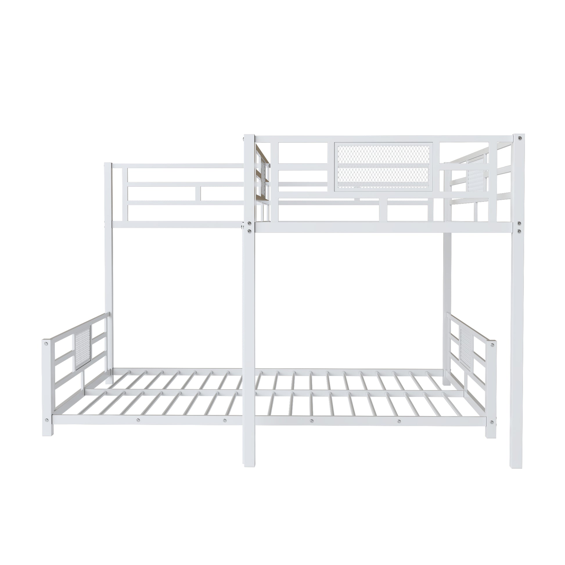 White metal bunk bed with safety rails and slatted mattress support