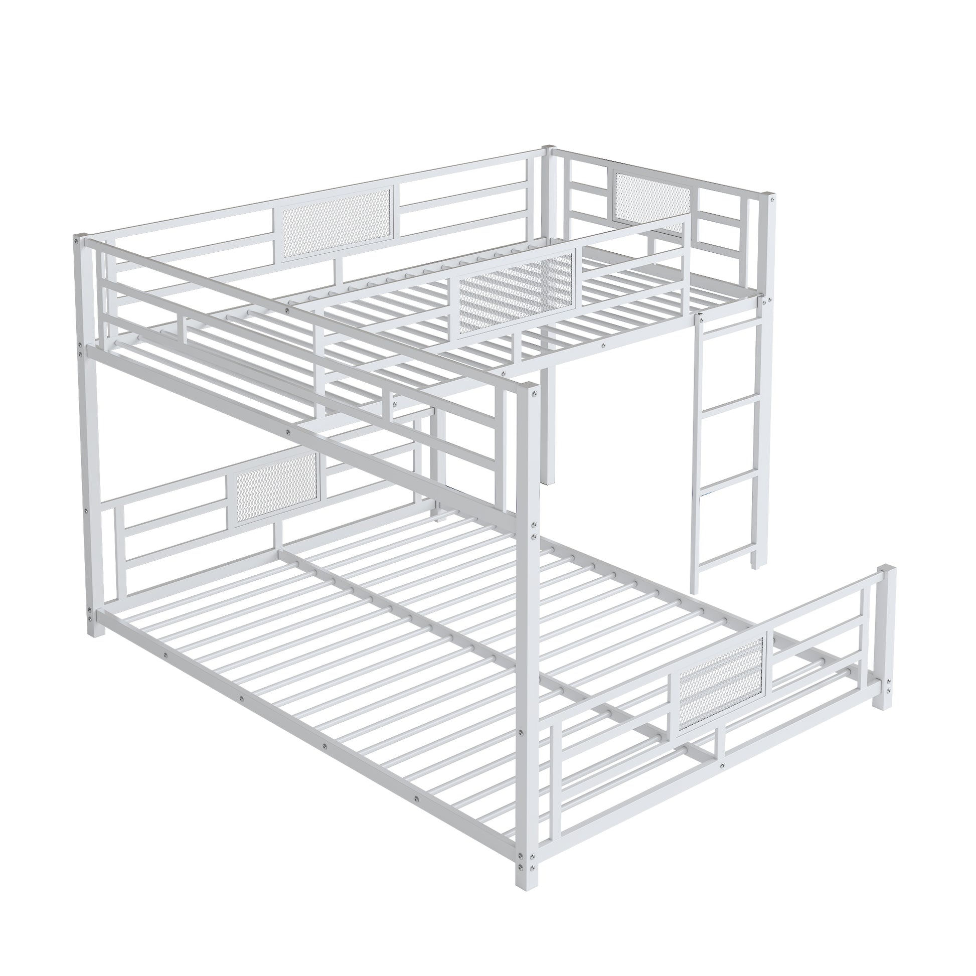 White metal bunk bed with integrated ladder and mesh accents