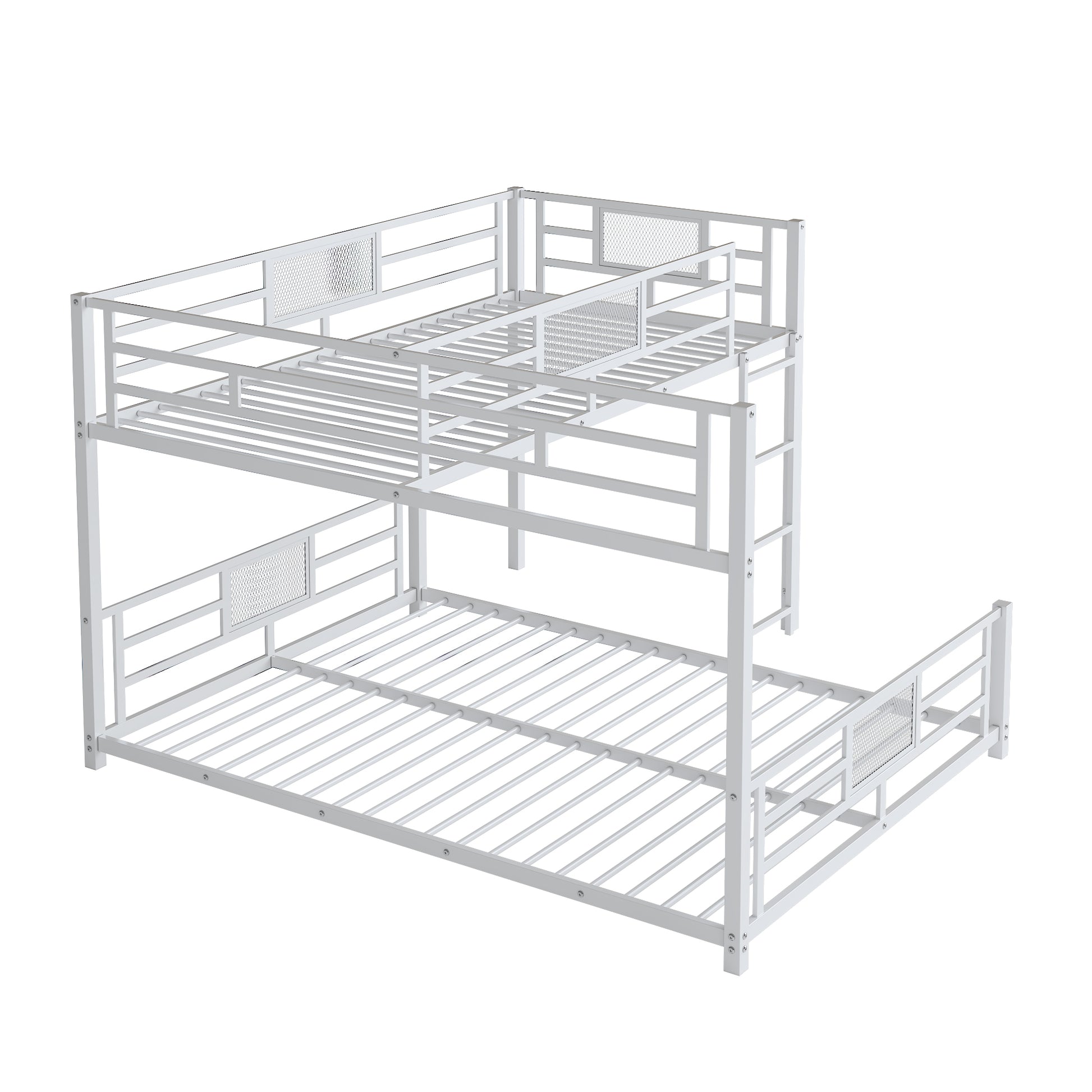 White metal triple bunk bed frame with ladder spacesaving design for kids