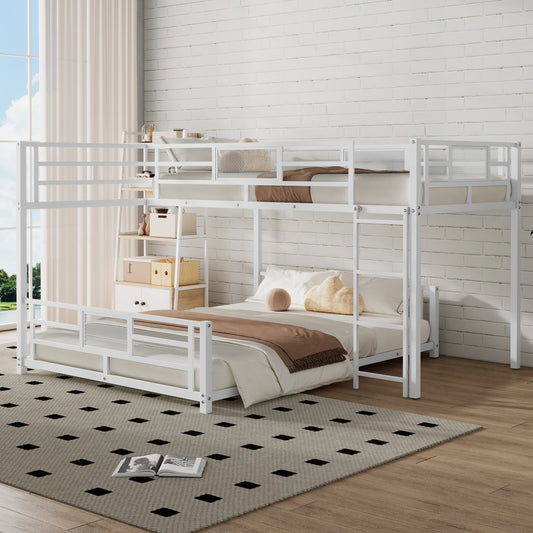 White metal triple bunk bed with ladder and storage shelves accommodating queen and twin mattresses