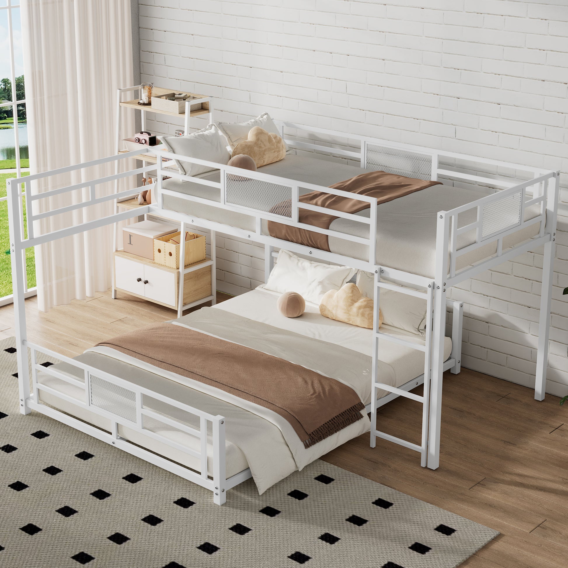 White metal triple bunk bed with safety rails and ladder ideal for kids rooms