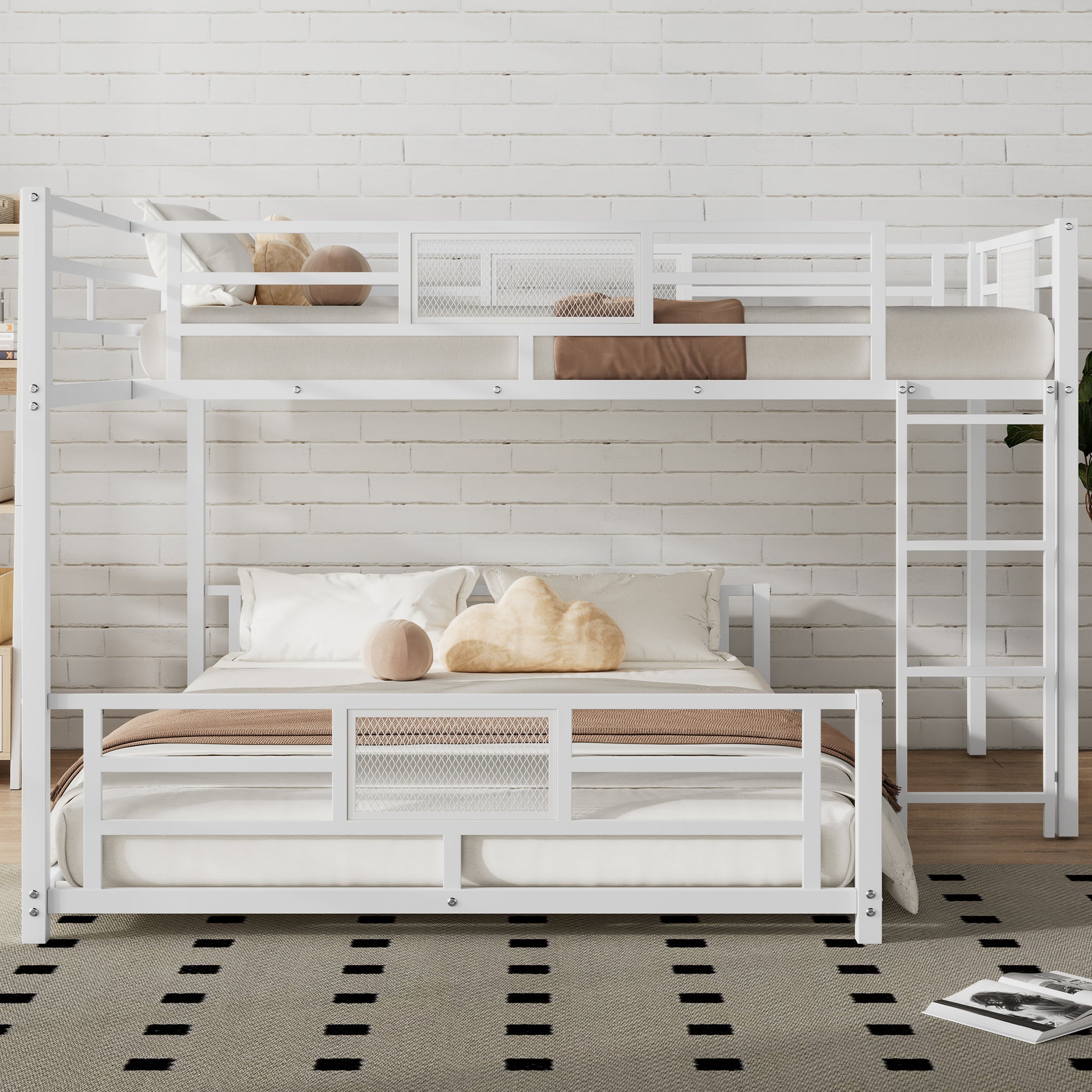 White metal twin over twin bunk bed with ladder and guardrails perfect for kids rooms
