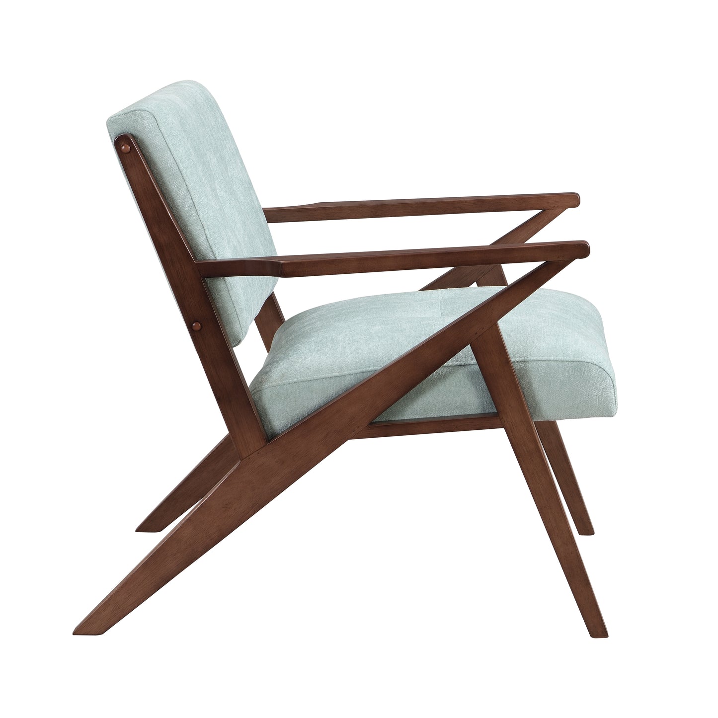 Midcentury modern accent chair with light blue fabric upholstery and walnut wood frame