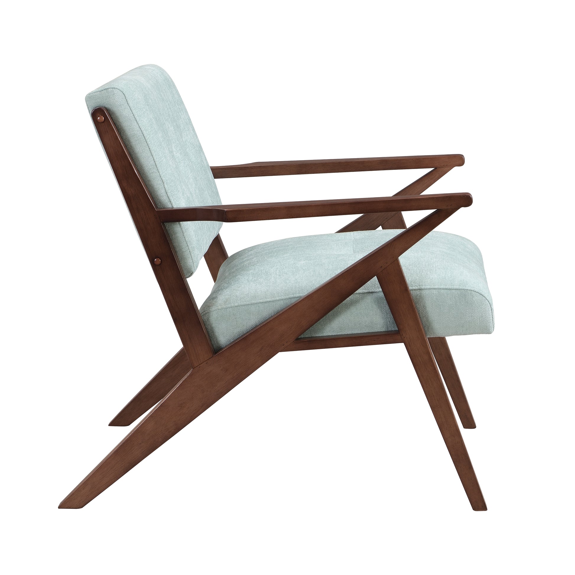 Midcentury modern accent chair with light blue fabric upholstery and walnut wood frame