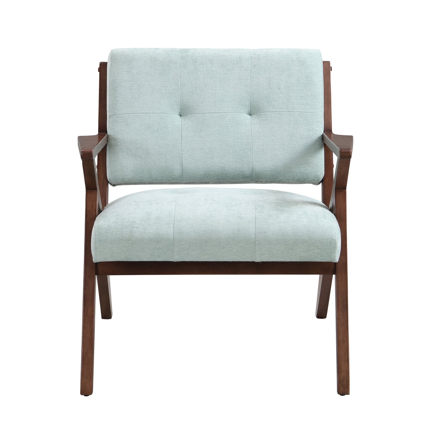 Aqua upholstered armchair with tufted backrest and dark wood frame ideal accent chair