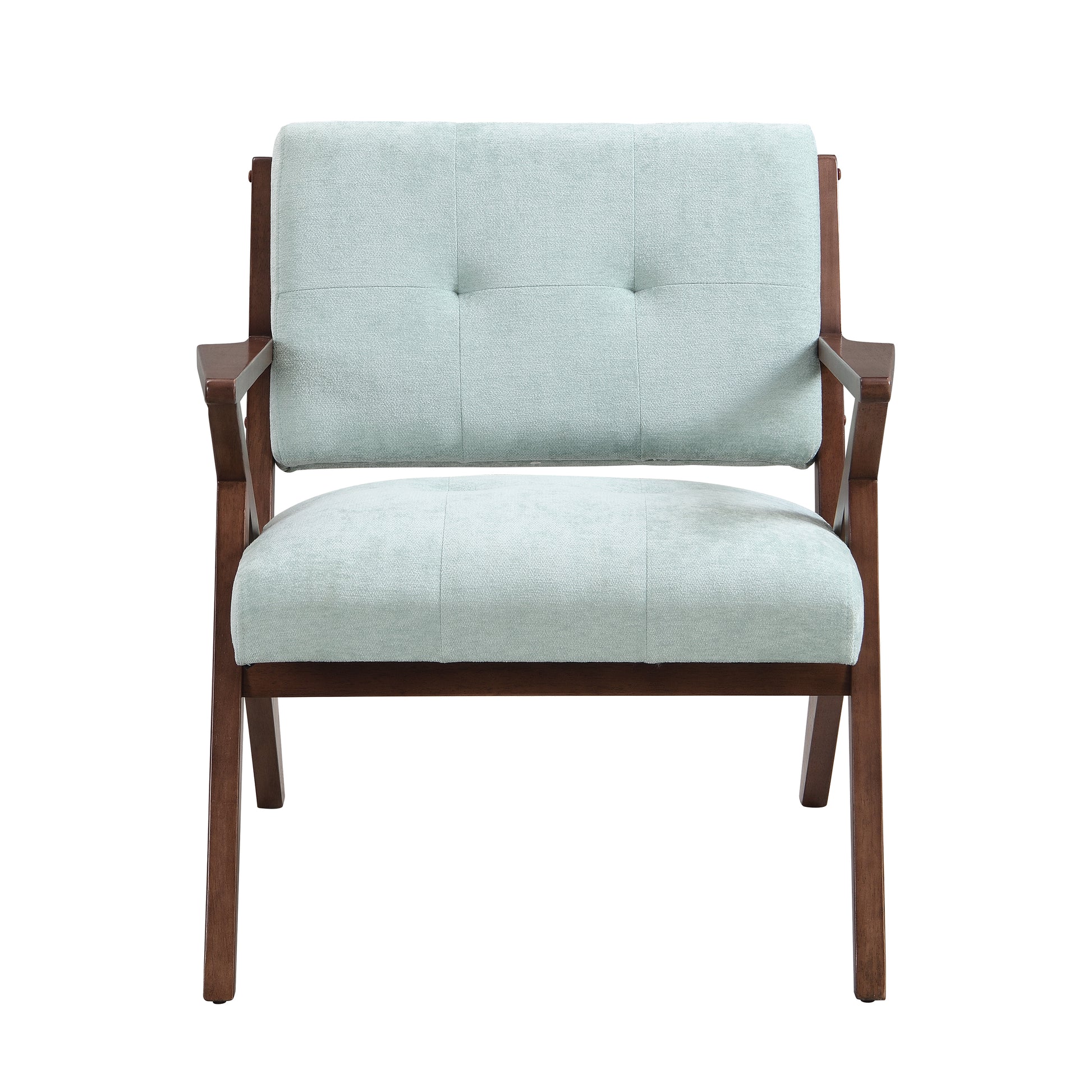 Aqua upholstered armchair with tufted backrest and dark wood frame ideal accent chair