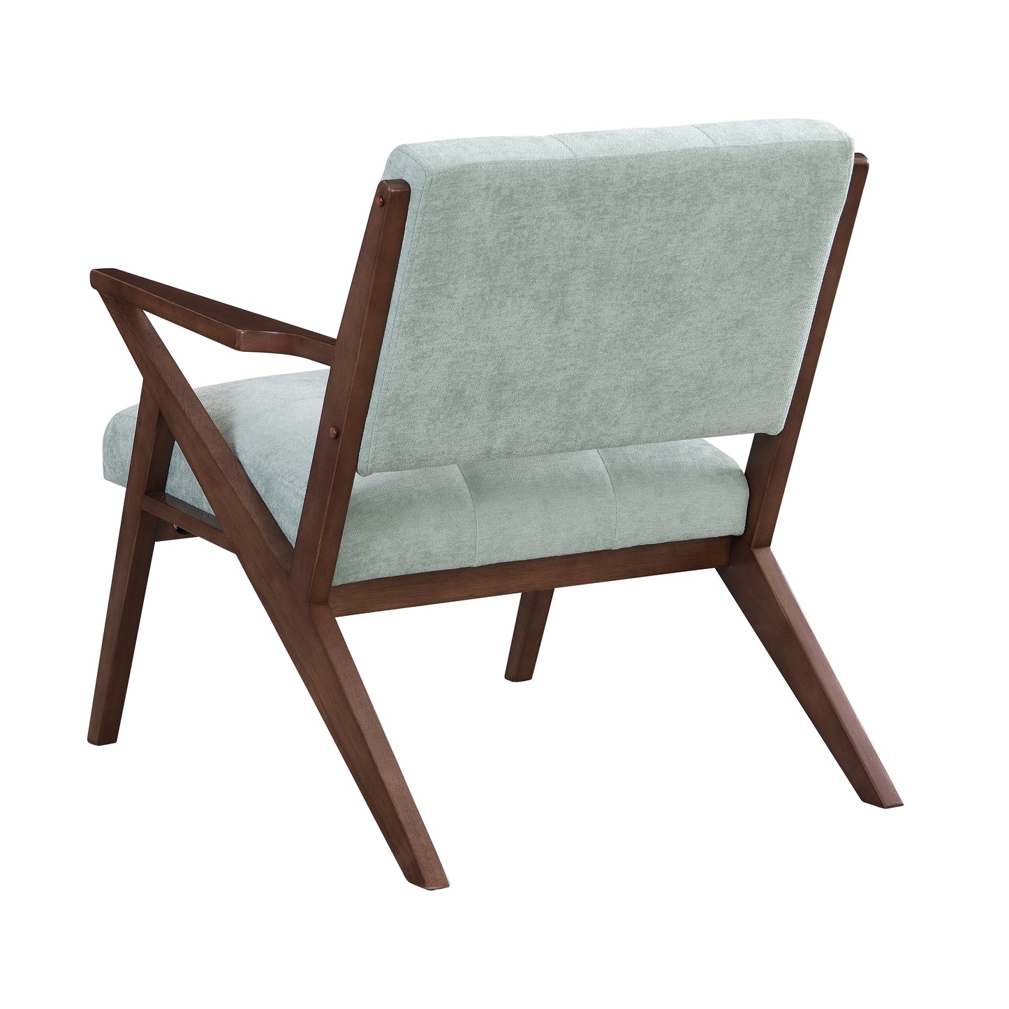 Light blue upholstered armchair with a dark wood frame and angled legs