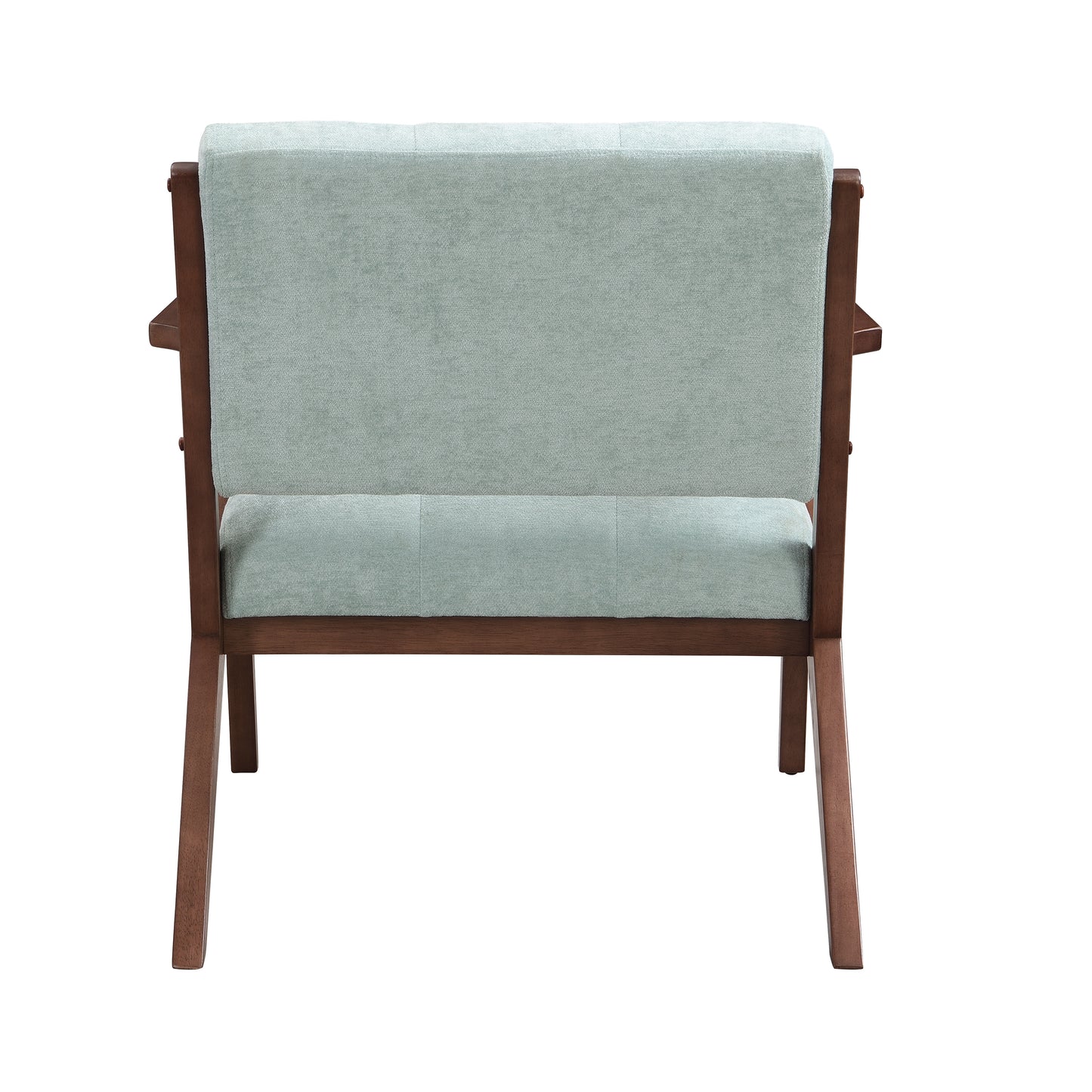 Midcentury modern armchair with light blue upholstery and dark wood frame