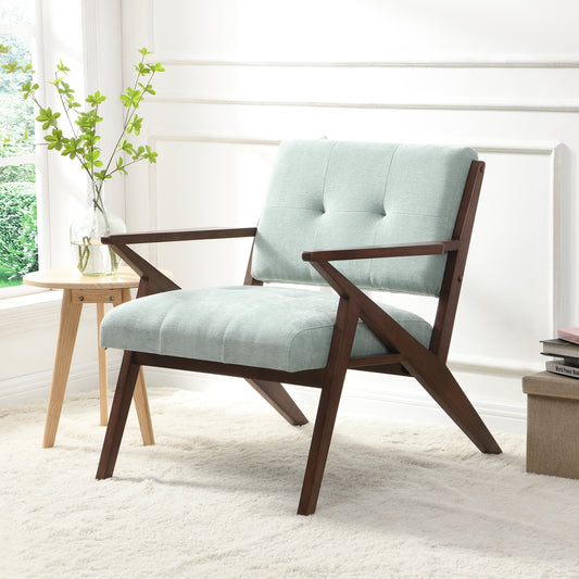 Light blue fabric accent chair with tufted back and dark wood frame
