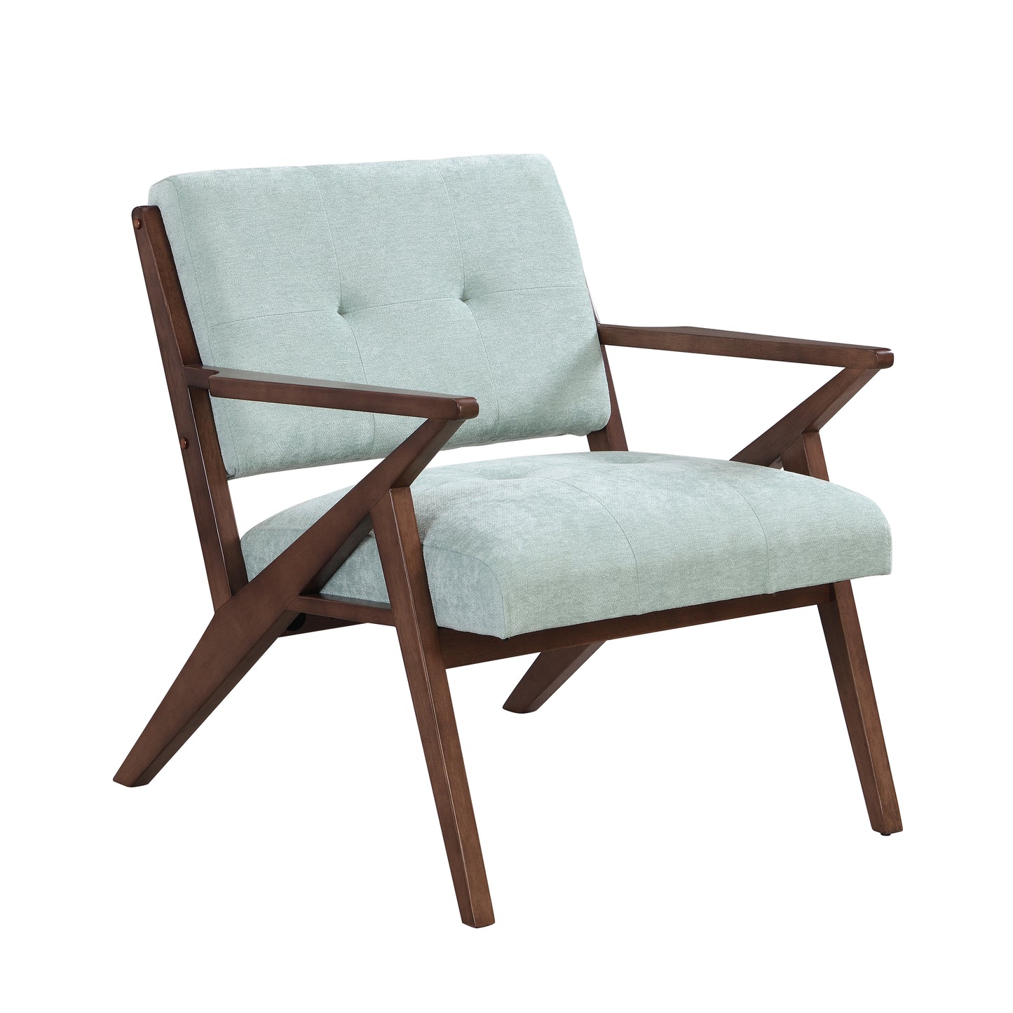 Light blue upholstered accent chair with dark wood frame