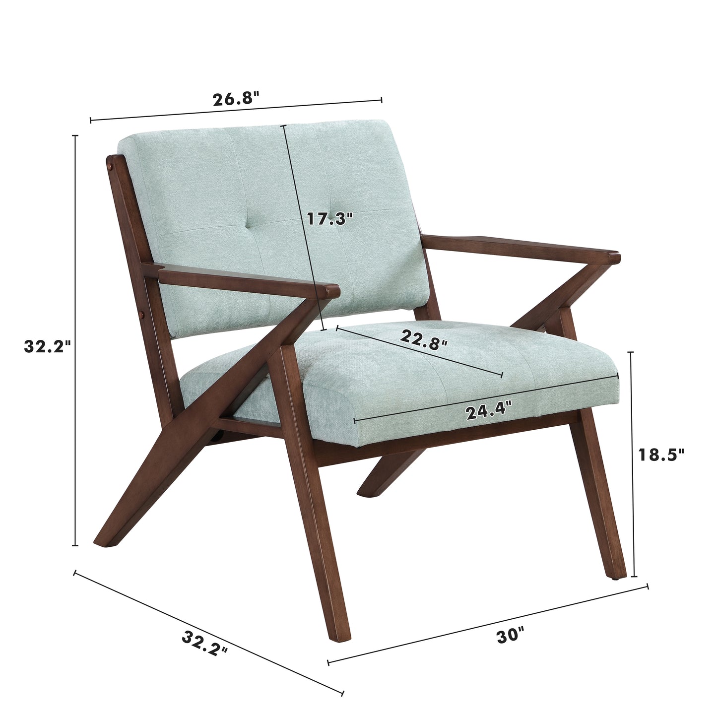 Light blue fabric accent chair with walnut finished wood frame and angled legs