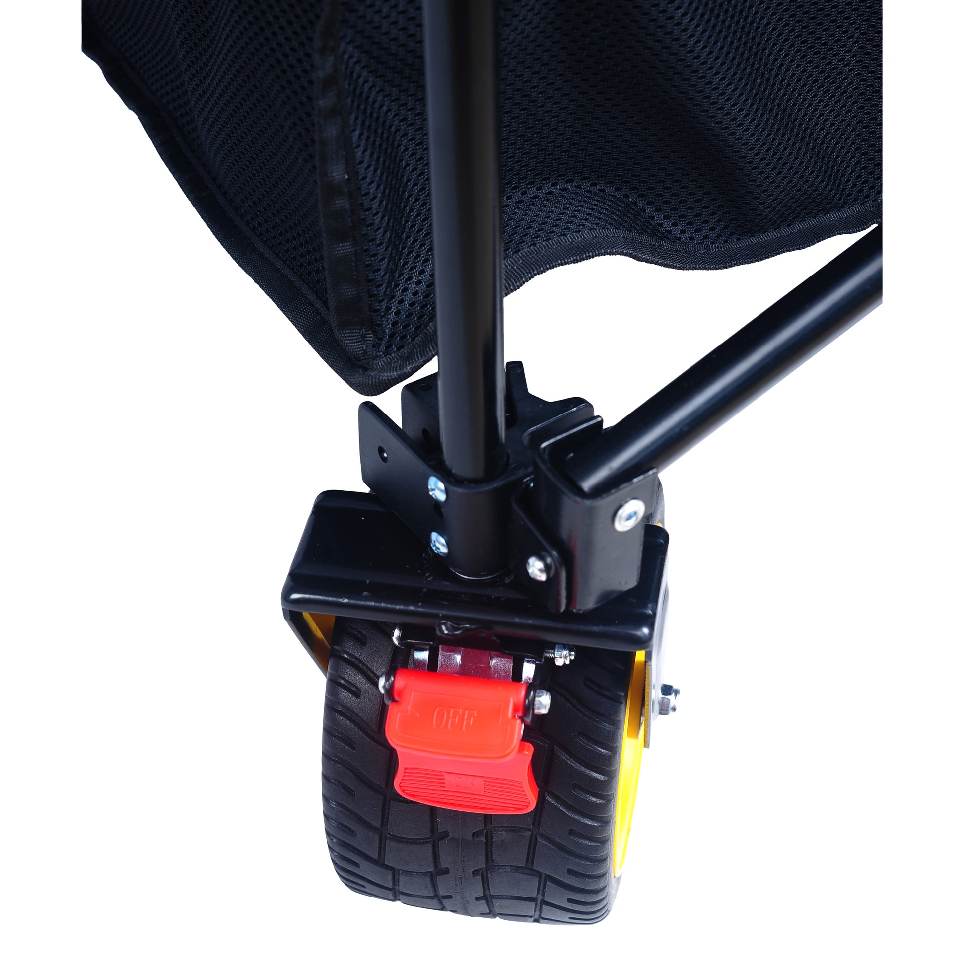 Black mesh fabric on folding wagon with sturdy black frame and yellow wheel detail