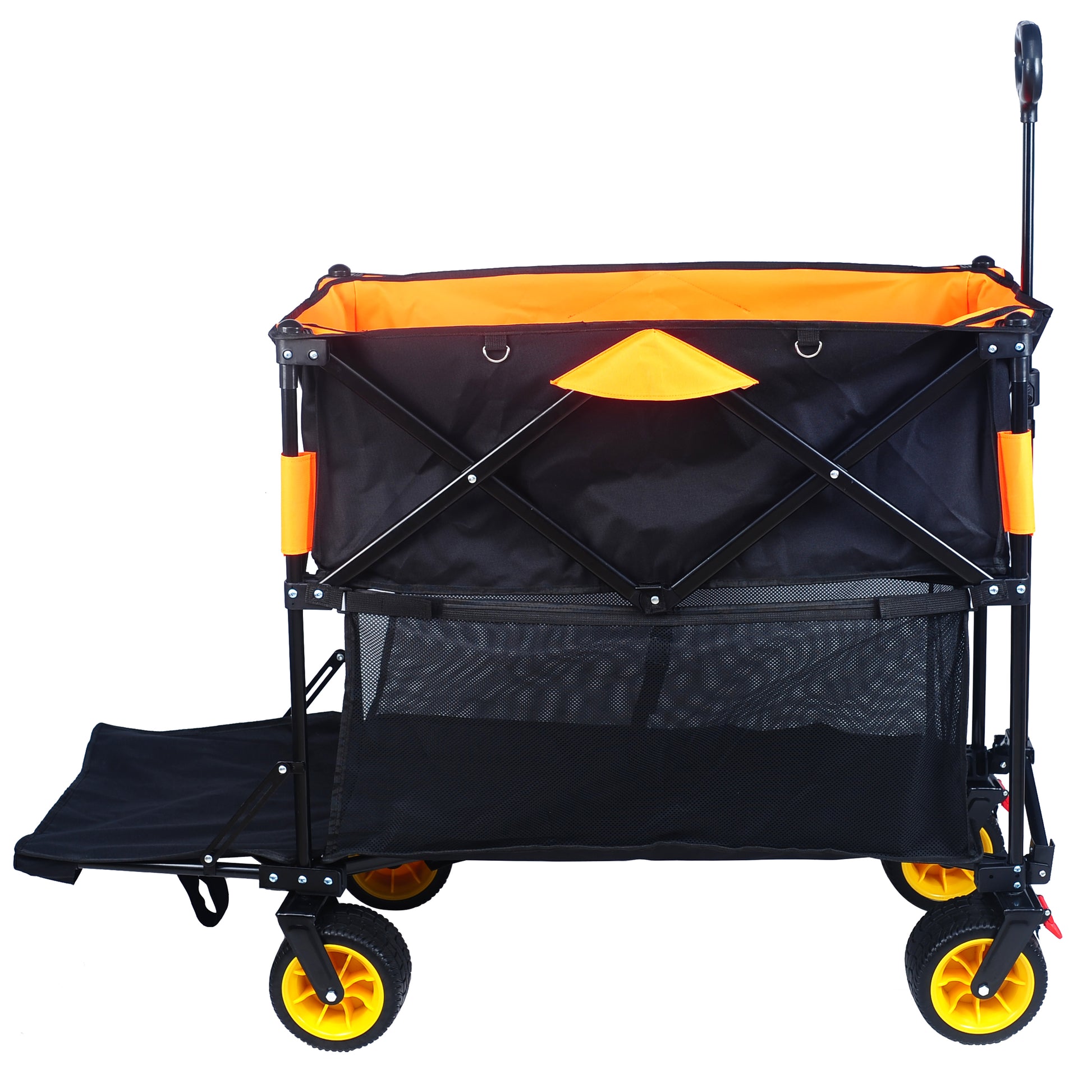 Black and orange foldable utility wagon with mesh side pockets and pull handle