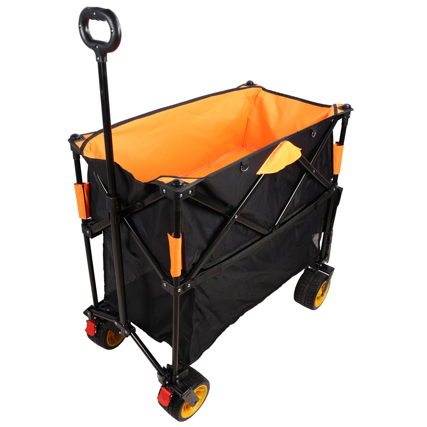 Black folding wagon with orange interior and durable wheels
