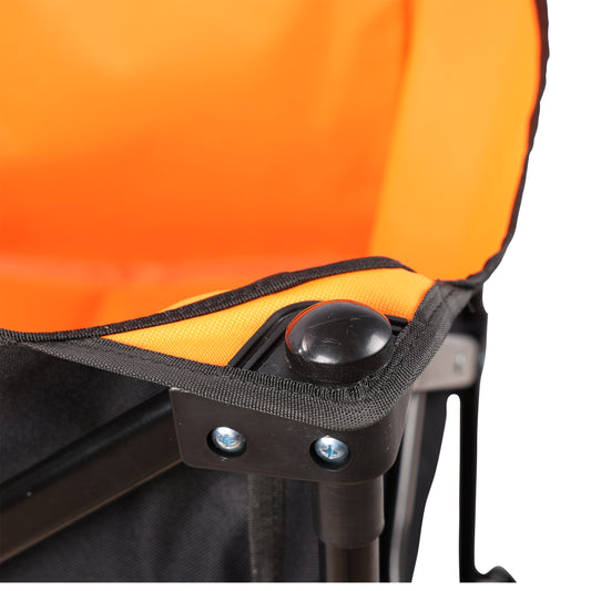 Closeup of a black plastic corner bracket with screws on an orange and black camping chair