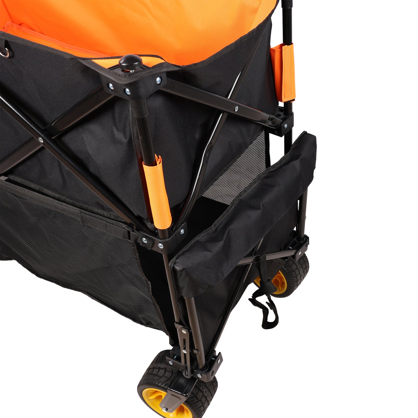 Collapsible wagon with durable black fabric and bright orange interior featuring mesh pockets and yellow wheels