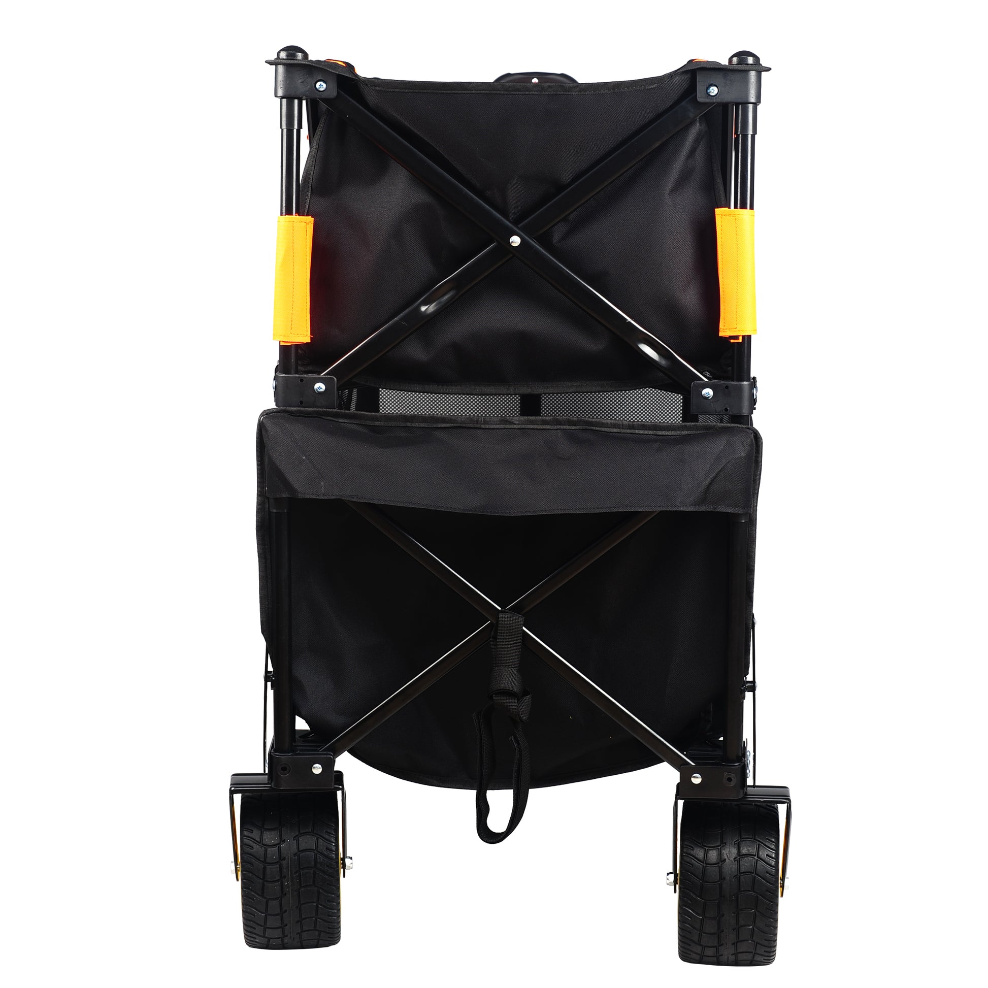 Black folding wagon with yellow handle grips and rugged tires perfect for hauling gear