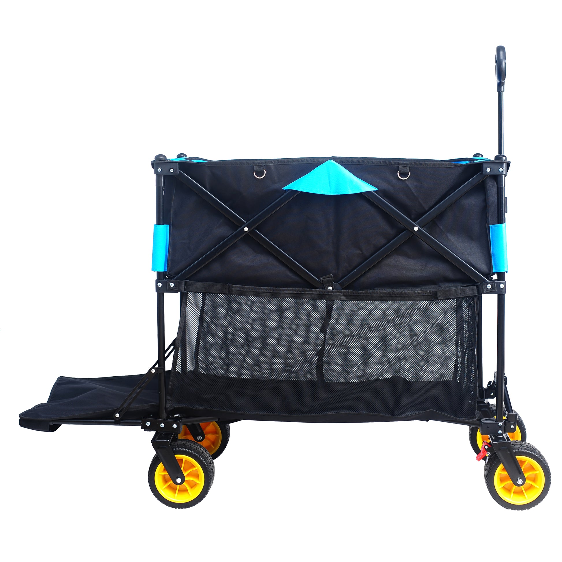 Black foldable beach wagon with blue accents and mesh pocket