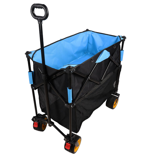 Black collapsible wagon with bright blue interior and yellow wheels for outdoor use
