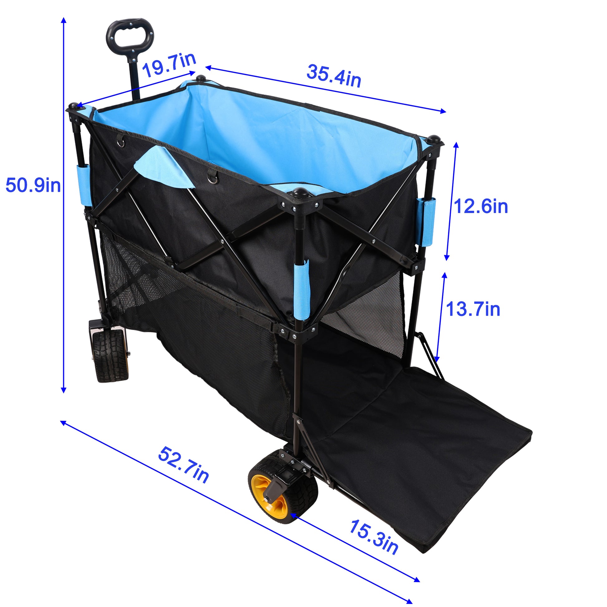 Black folding wagon with blue interior and mesh pockets ideal for outdoor transport