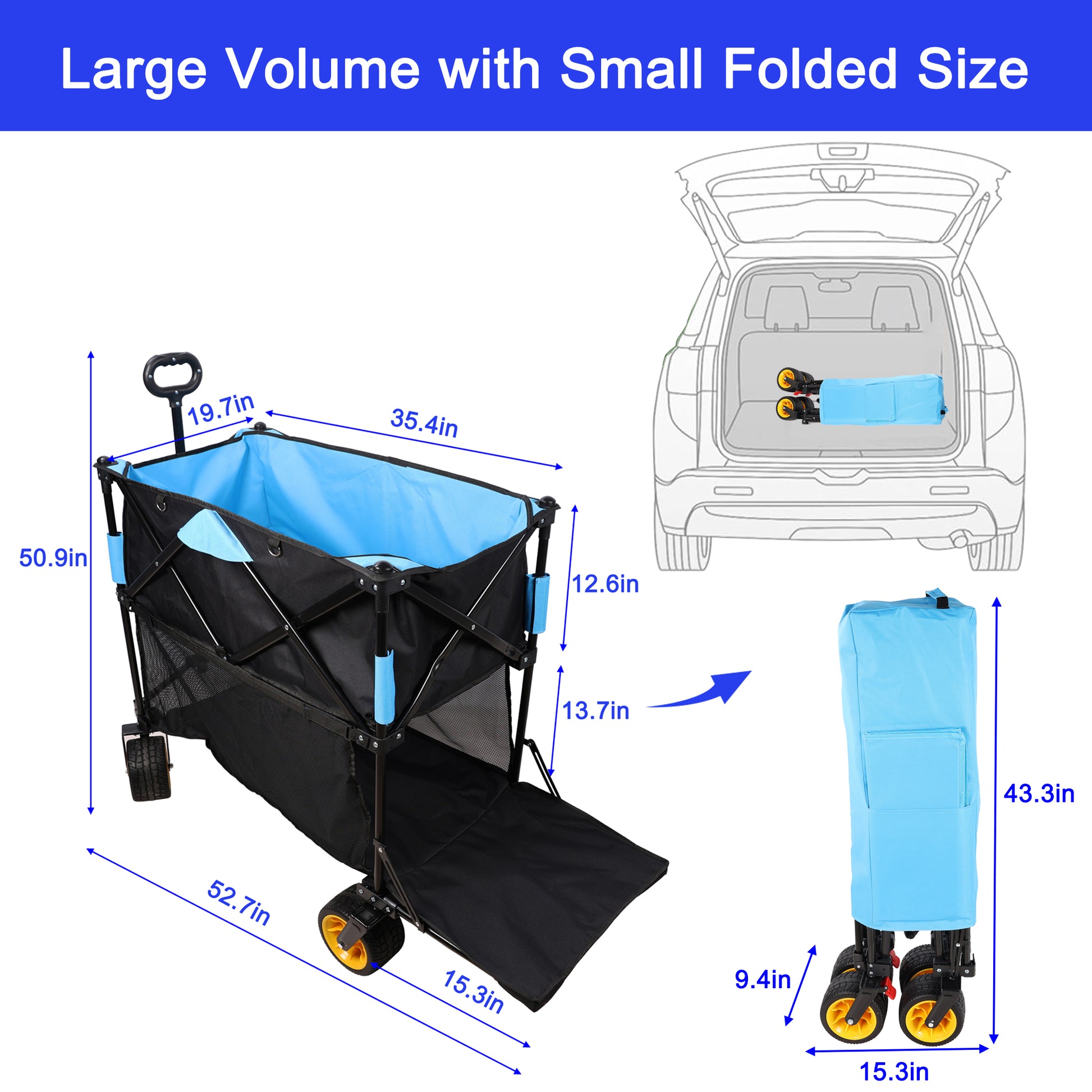 Black and blue collapsible utility wagon with yellow wheels ideal for camping and beach trips