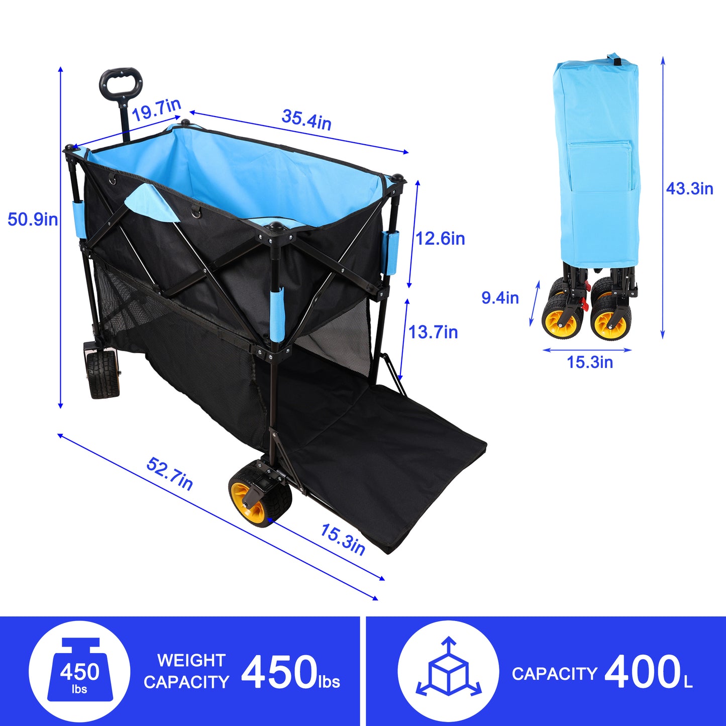 Black folding wagon with blue interior ideal for outdoor activities and hauling