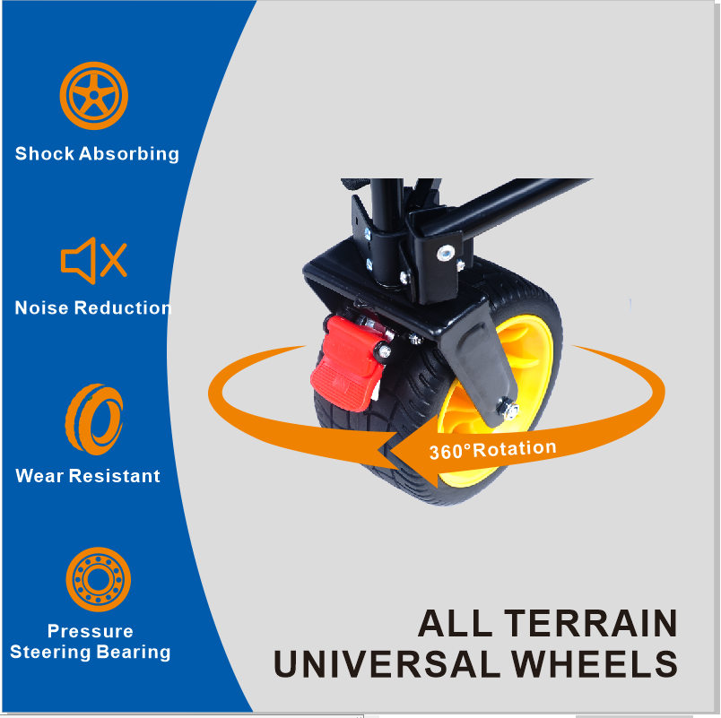 Black all terrain universal wheel with yellow rim and red brake mechanism