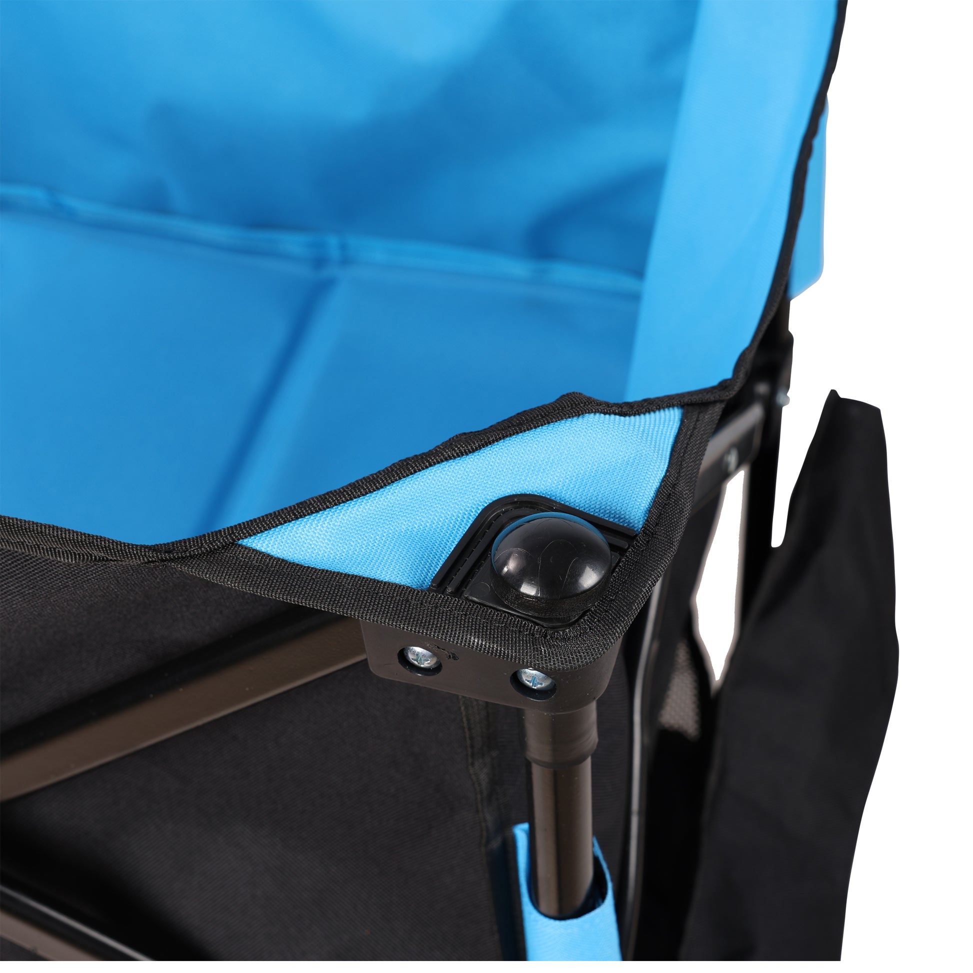 Blue polyester fabric with black trim on a portable folding wagon