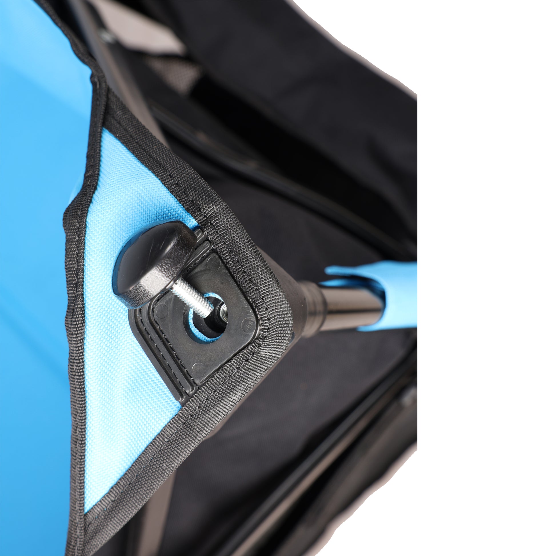 Close up of blue and black fabric camping chair detail with screw mechanism