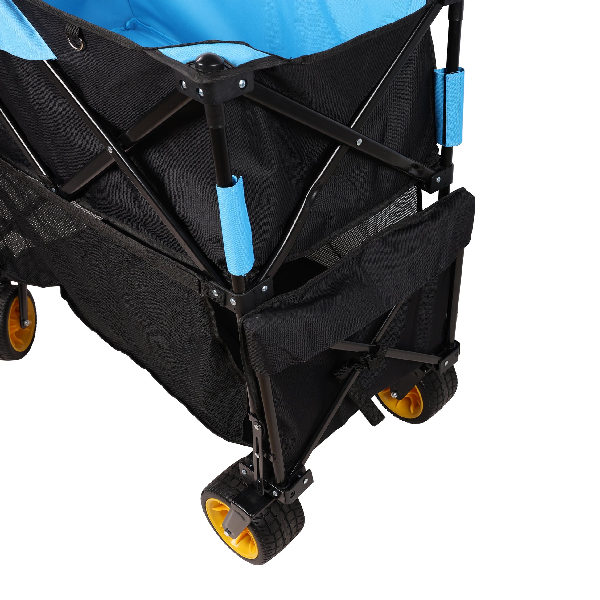 Blue and black folding wagon with durable black mesh sides and yellow wheels for easy transport