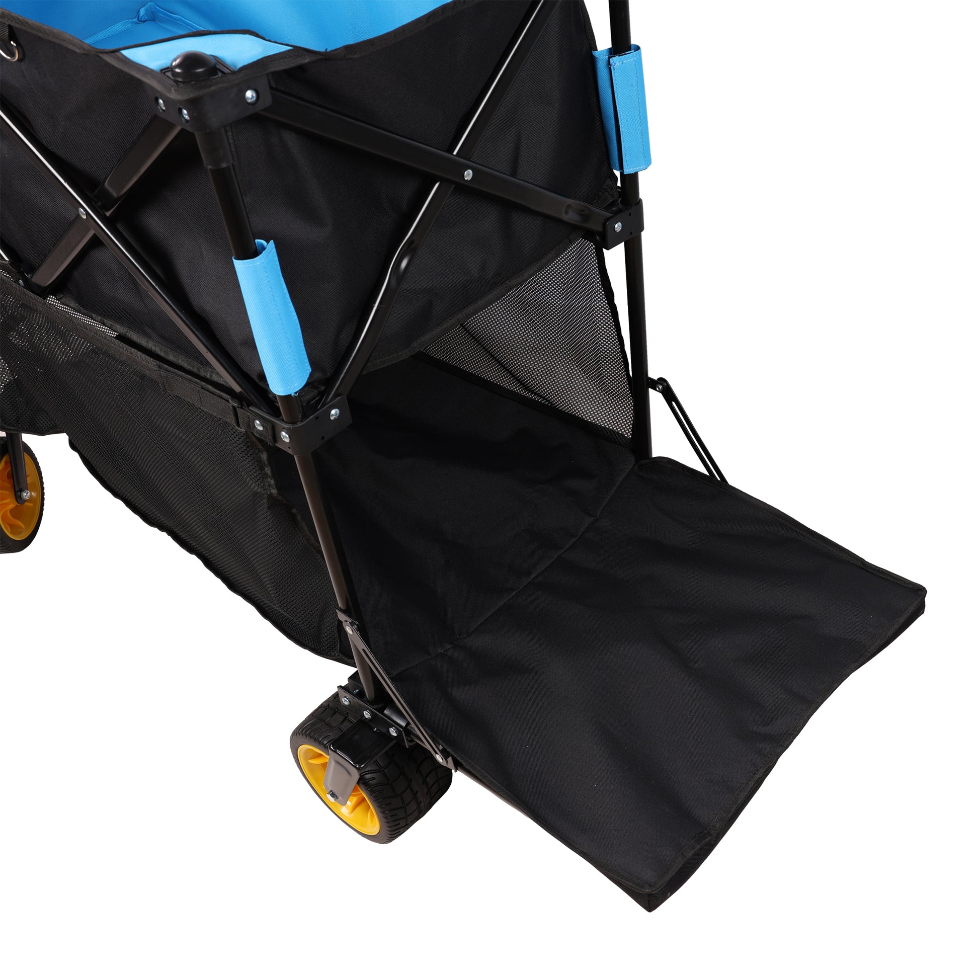 Collapsible wagon with black fabric and blue accents featuring mesh side pockets