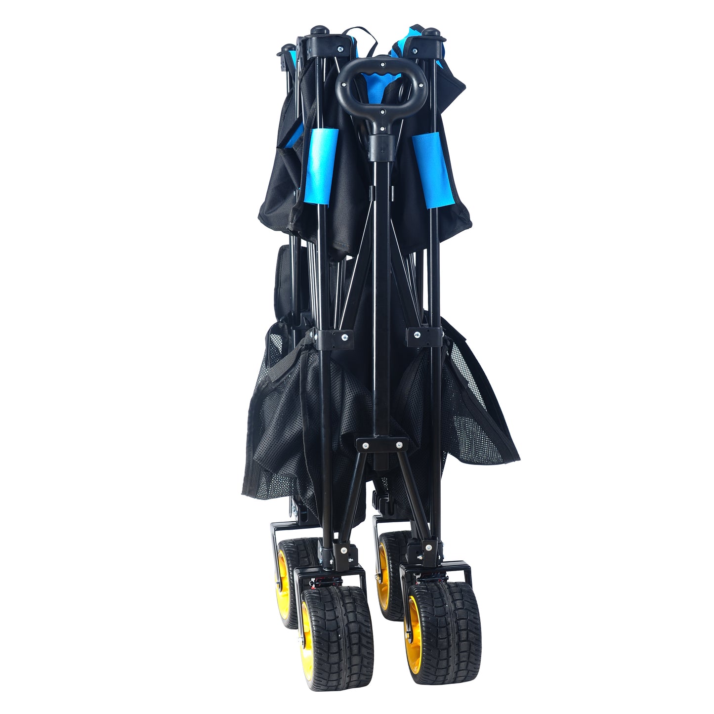Black folding wagon with blue accents and mesh storage pockets on wheels