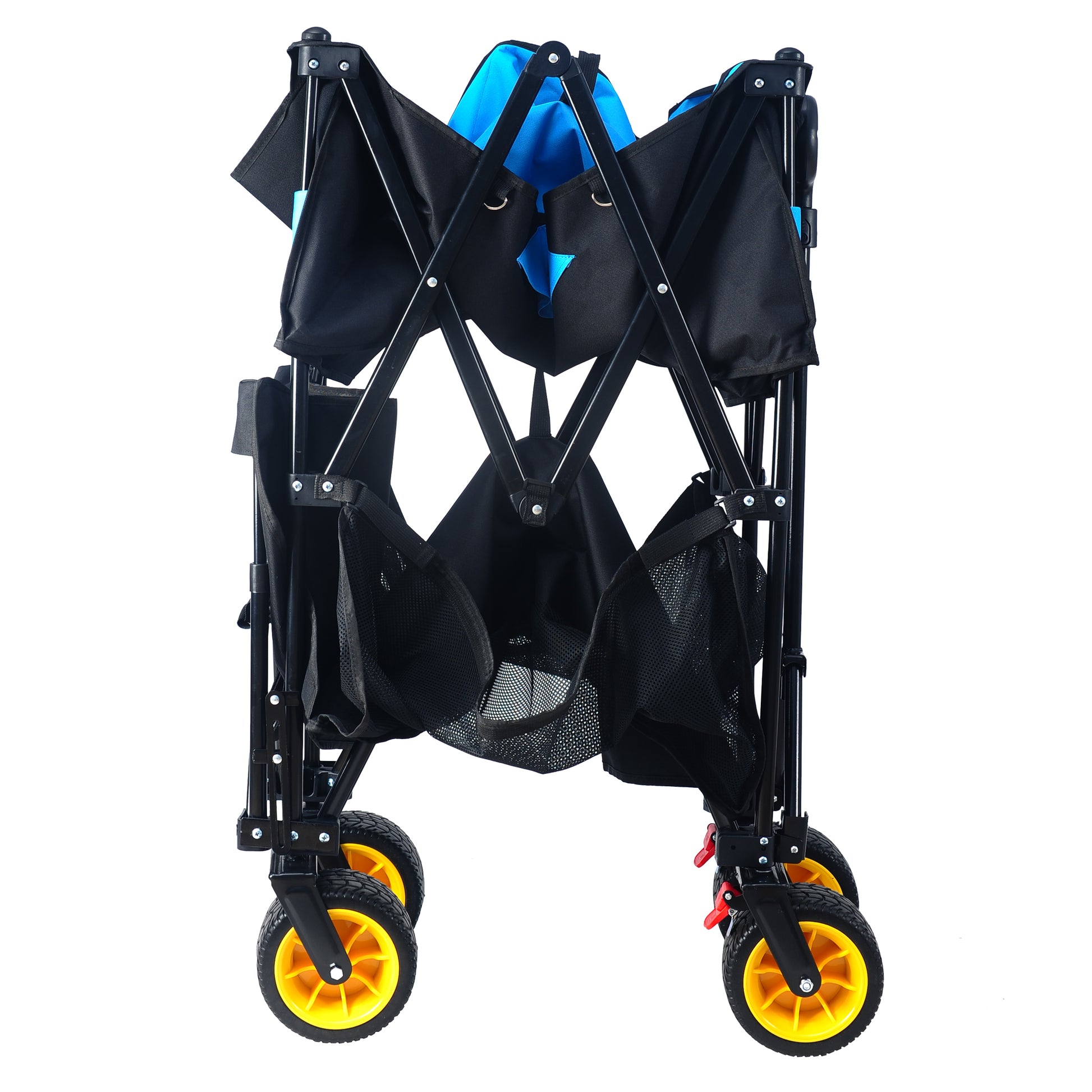 Black and blue collapsible wagon with yellow wheels folded for storage