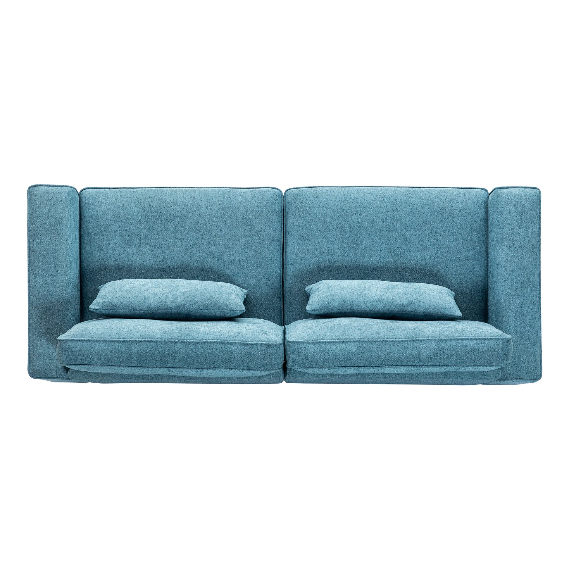 Teal fabric sofa with two seat cushions and two back cushions modern minimalist design