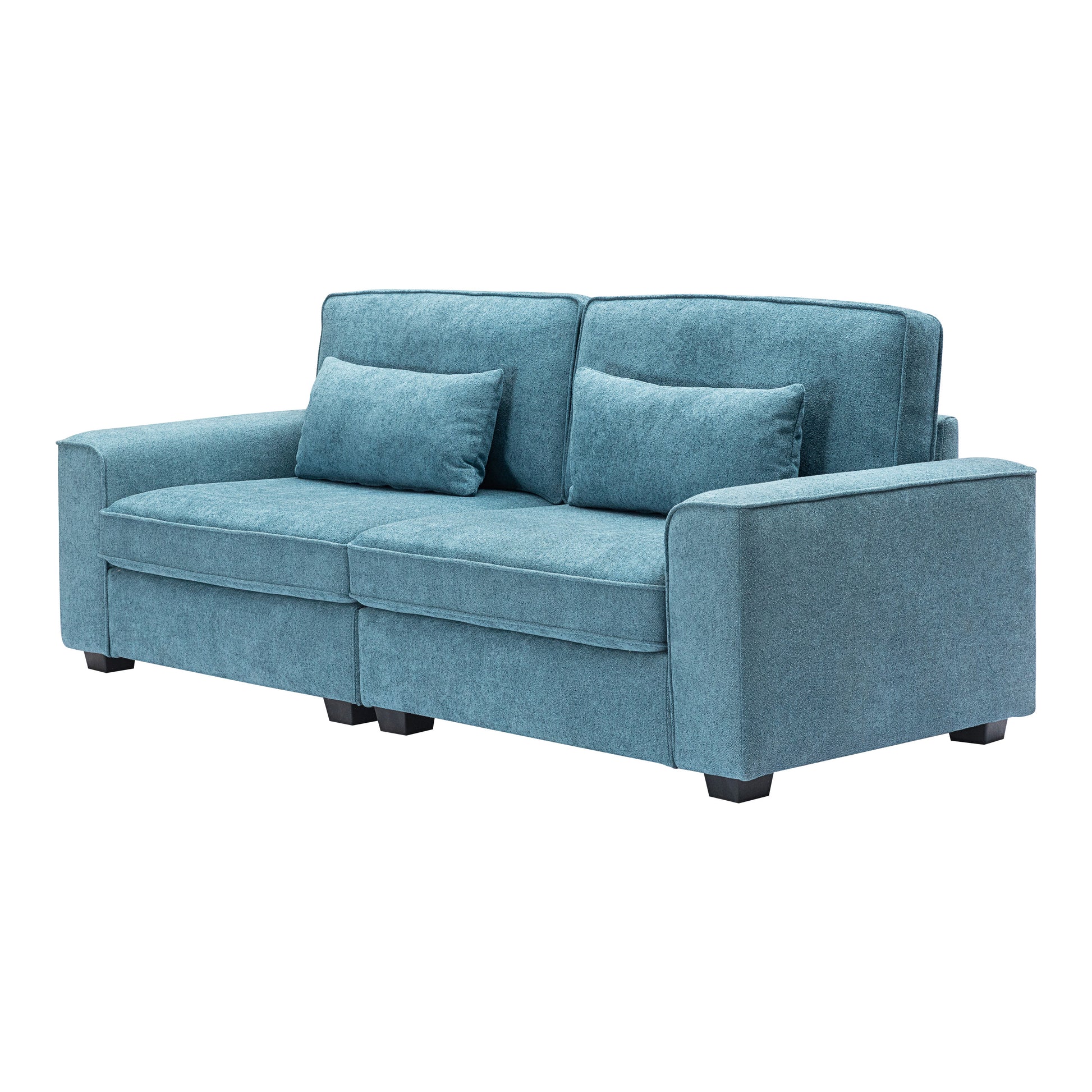 Teal fabric twoseater sofa with two matching throw pillows and square black legs