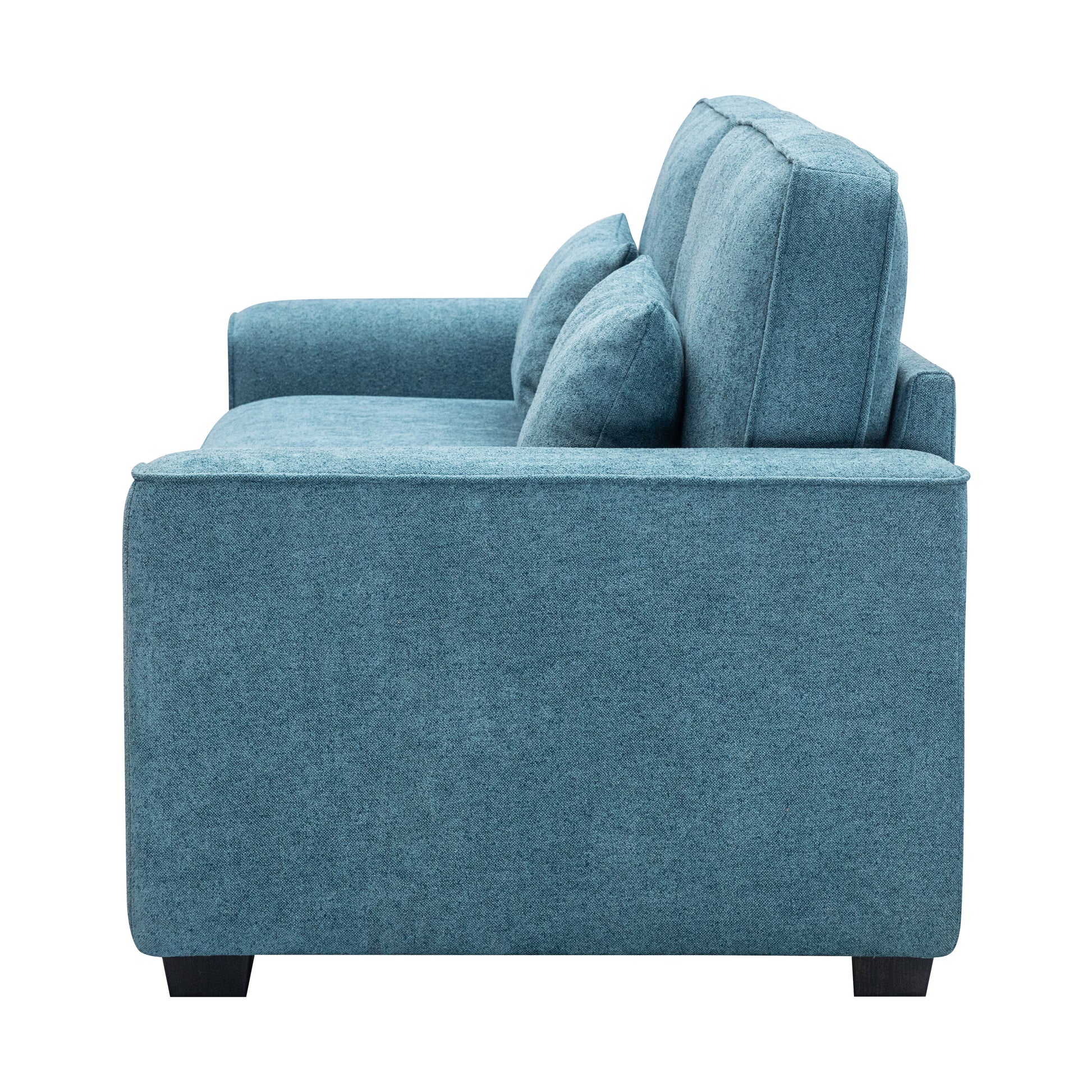Teal fabric sofa with two plush back cushions and armrests on a white background