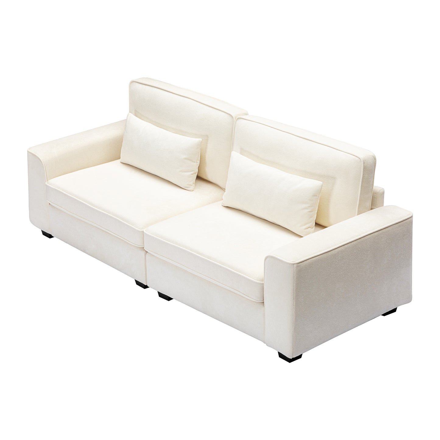 Cream fabric modern sofa with two plush throw pillows perfect for living rooms