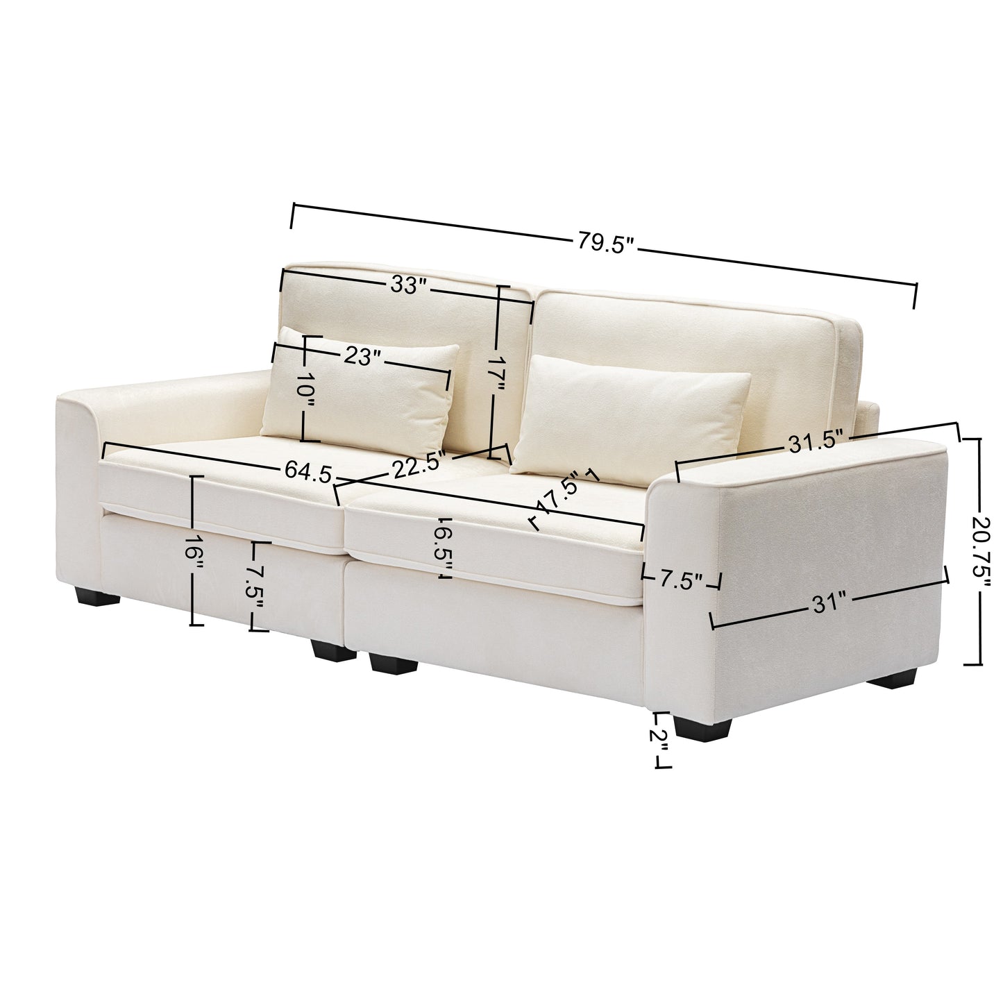 Cream fabric sofa with two throw pillows total width  inches
