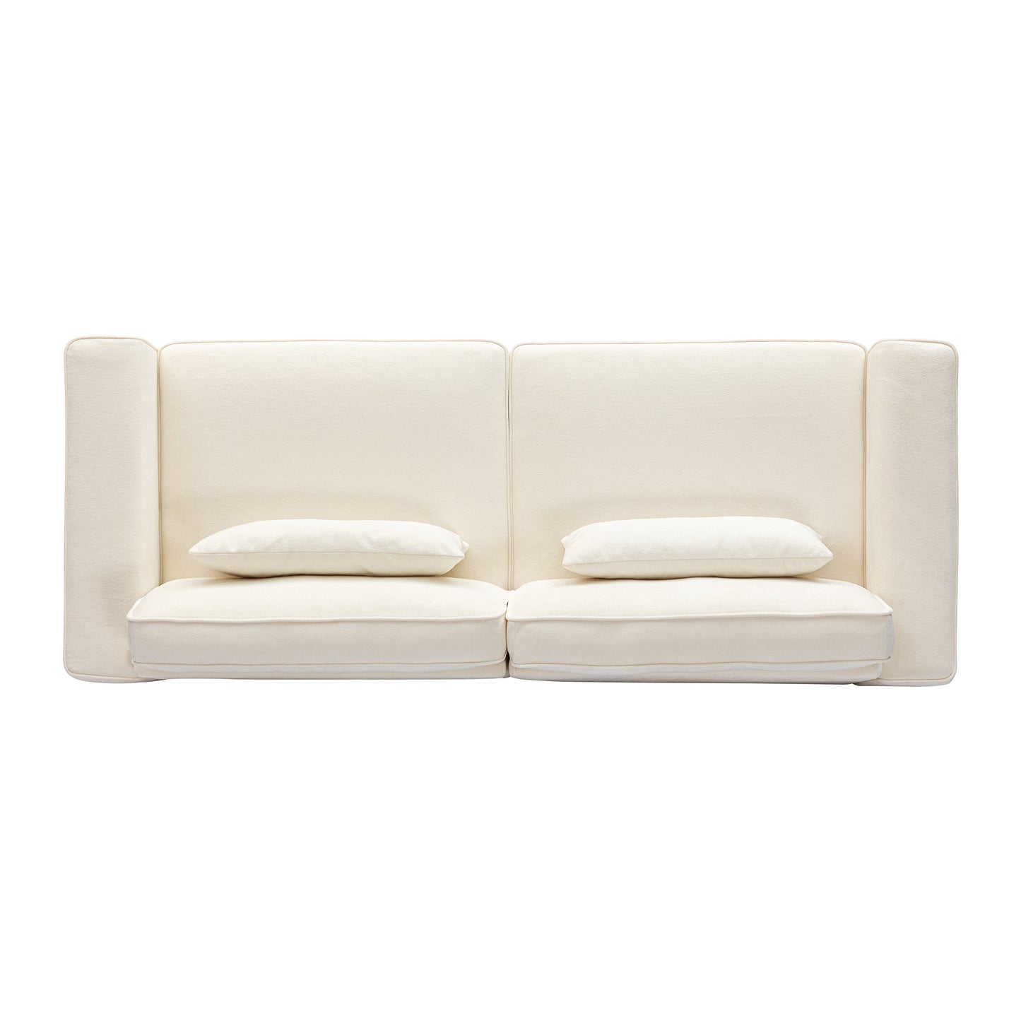 Minimalist cream sofa with two plush throw pillows modern living room furniture