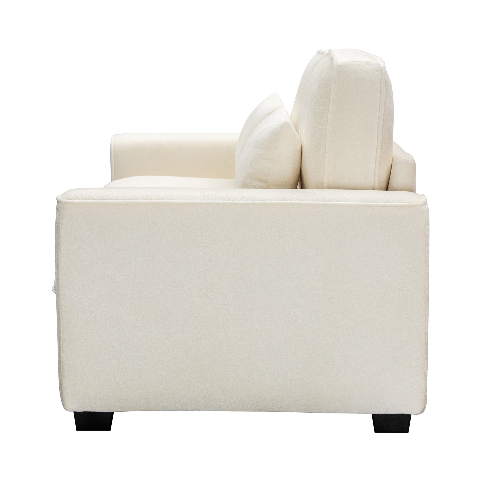 Cream boucle fabric armchair with plush back and seat cushions and black wooden legs