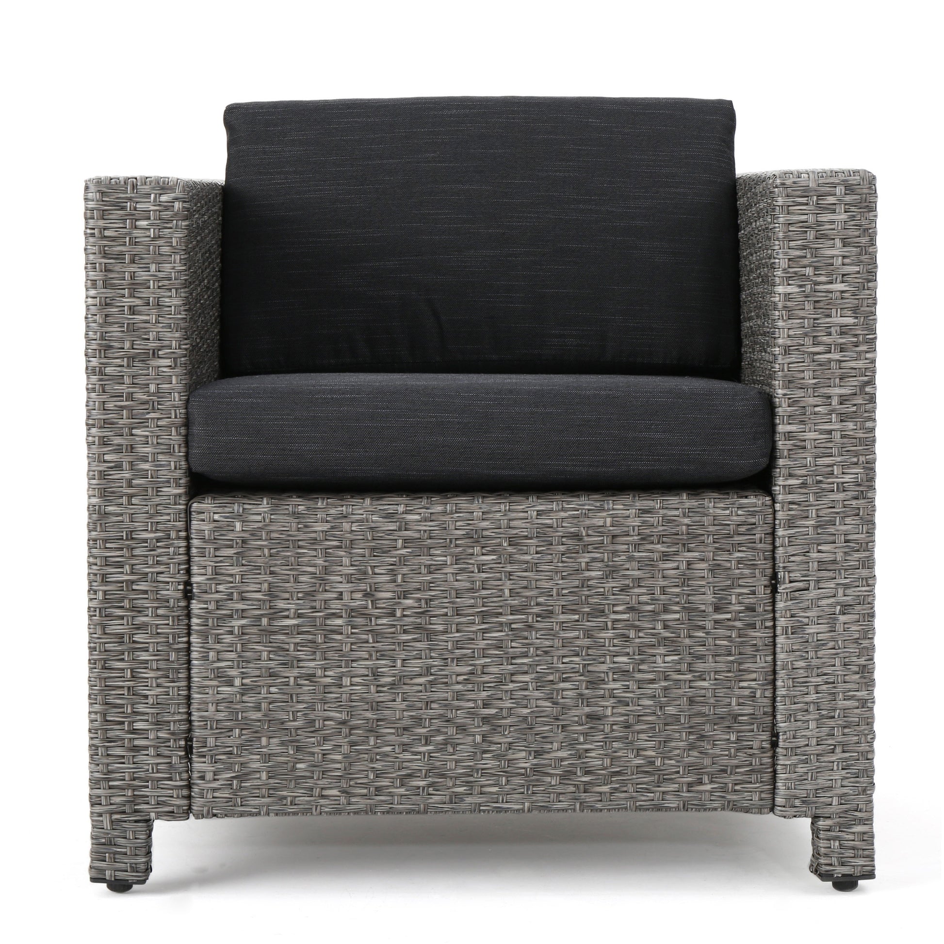Gray rattan armchair with plush dark gray cushions for outdoor relaxation