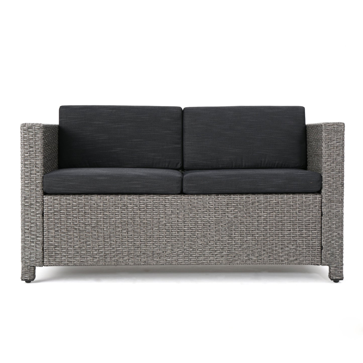 Grey wicker outdoor loveseat with dark charcoal cushions perfect for patio seating