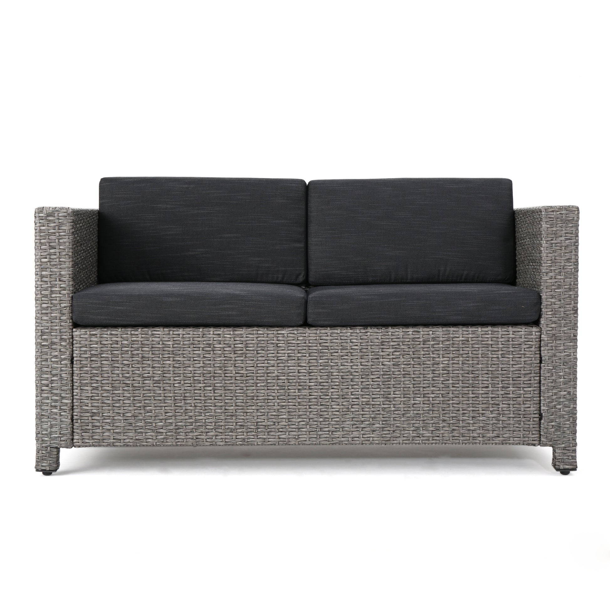 Grey wicker outdoor loveseat with dark charcoal cushions perfect for patio seating