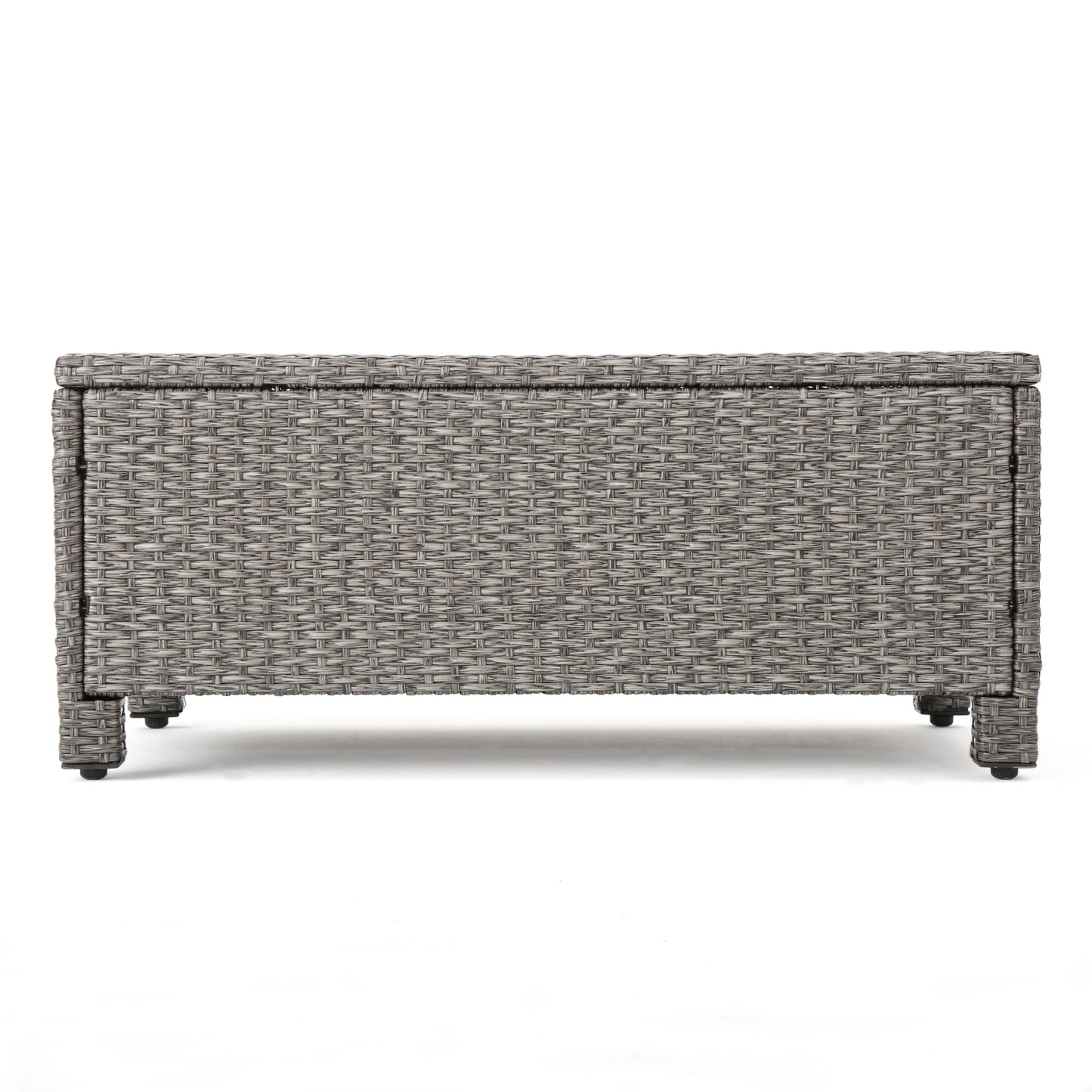 Gray wicker outdoor storage bench with lid and four legs