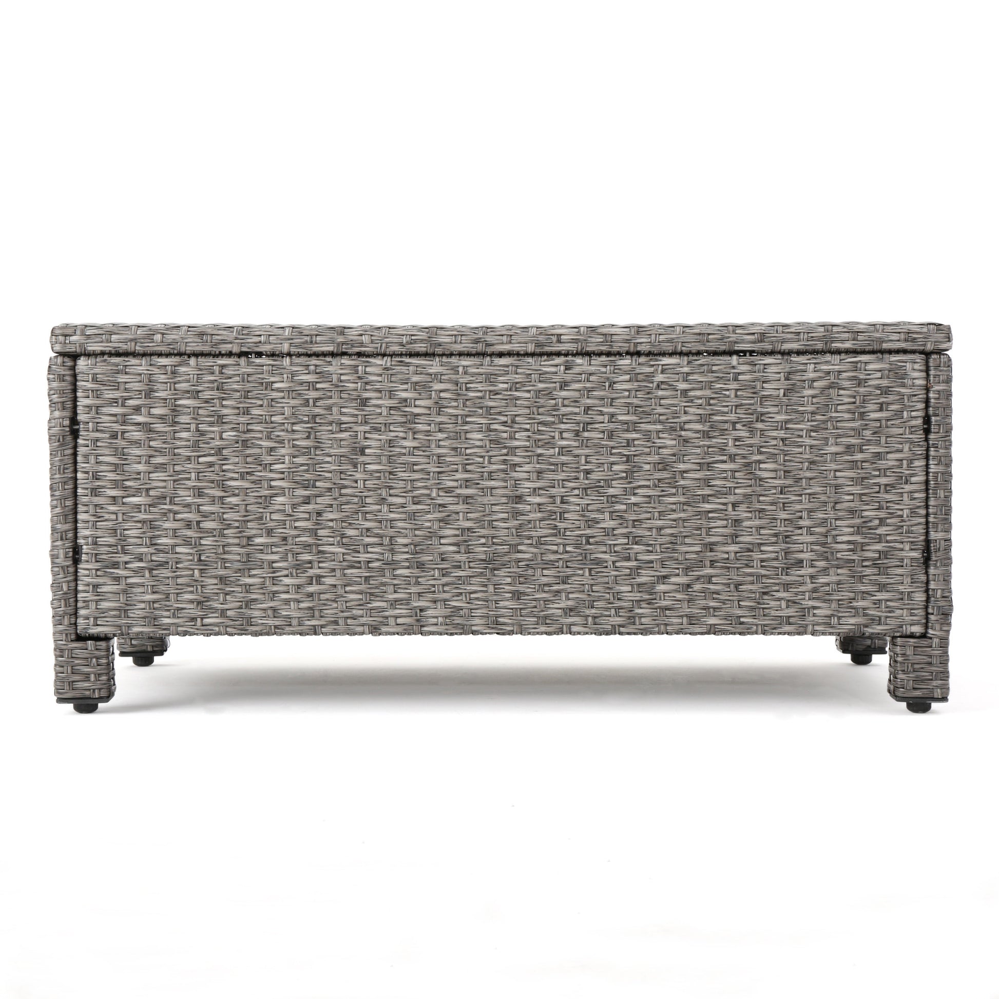 Gray wicker outdoor storage bench with lid and four legs