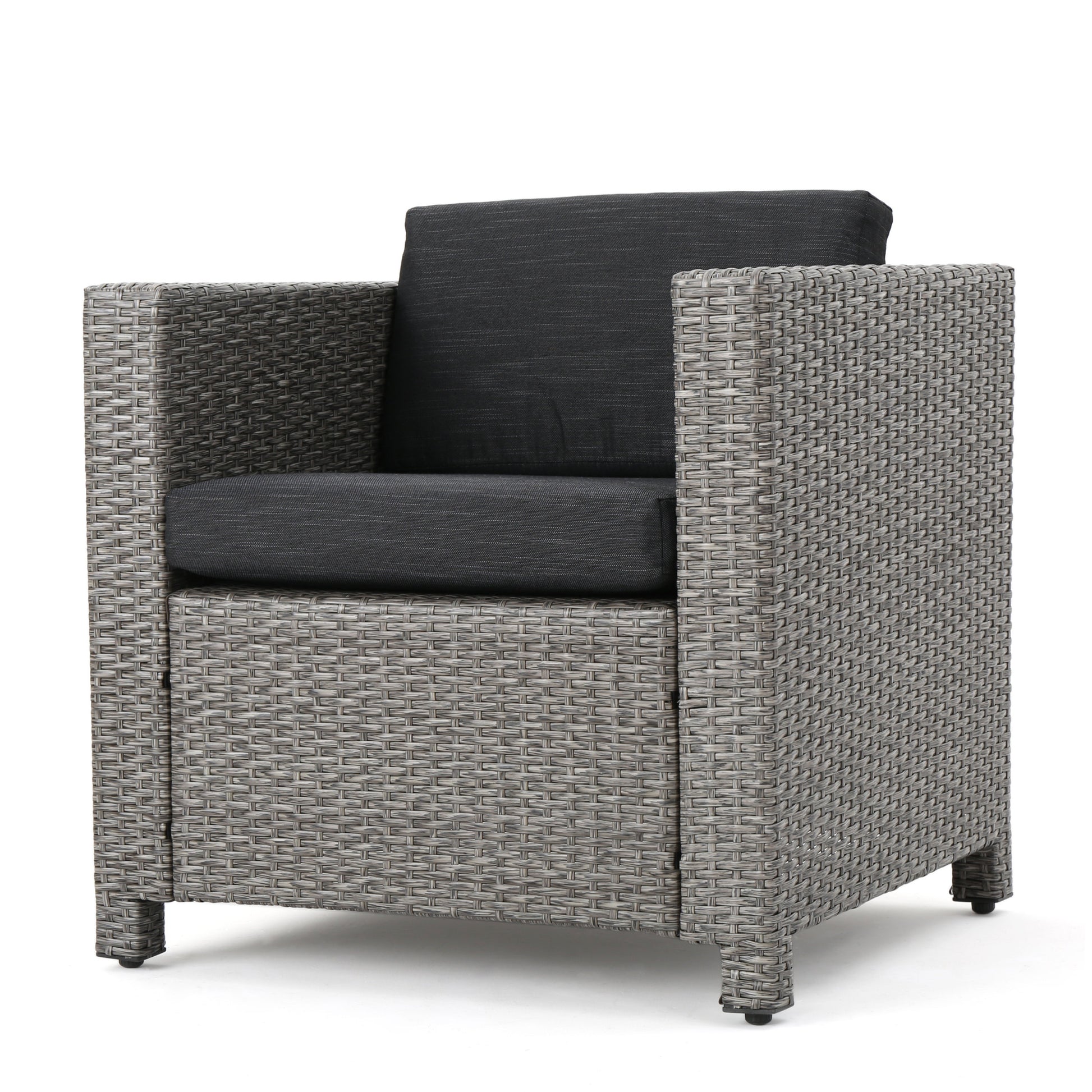 Grey wicker outdoor chair with charcoal cushions